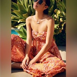 Anthropologie Harem Strapless Floral Jumpsuit Orange Motif Size L NWT